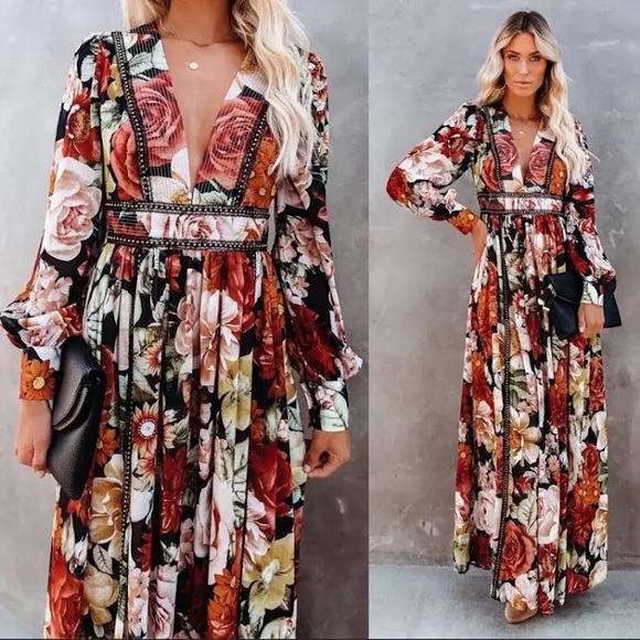 L’Artiste Floral Dress Maxi Autumn Dress Studs Size Small Red Pink Brown Flowers - Picture 2 of 13